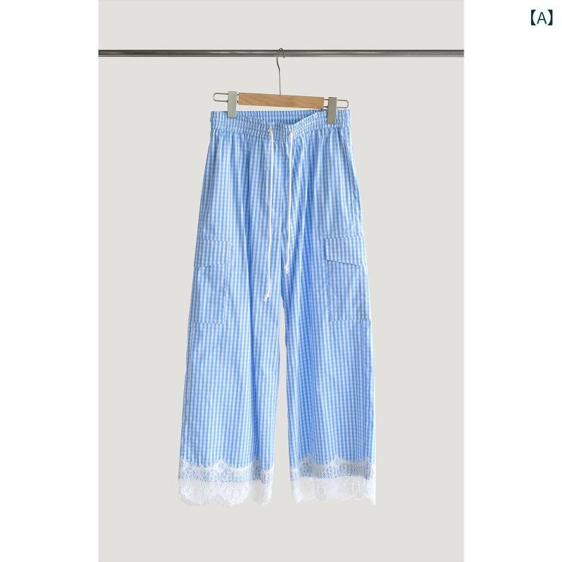 パンツ レディース クロップドパンツ カジュアル ワークパンツ ワイドパンツ ブルー チェック レース レースアップ 切り替え ウエストゴム コットン｜あじゅり