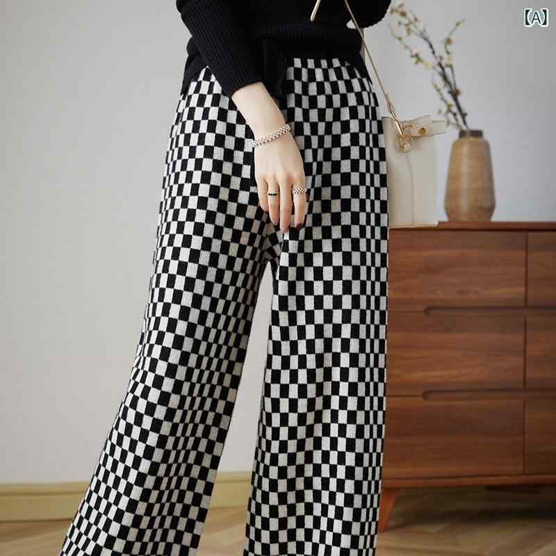 パンツ レディース ワイドパンツ ニットパンツ 秋冬 ロング丈 チェッカーボード柄 チェック柄 ハイウエスト ゆったり 暖かい ストレート カジュアル 通勤｜あじゅり