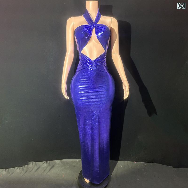 ワンピース レディース パープル ホルターネック バックオープン ロング丈 マキシ丈 スリム タイト 高見え パーティー ドレス 二次会 お呼ばれ セクシー フェミニン リゾート ビーチ 海 旅行 イベント フォーマル｜あじゅり