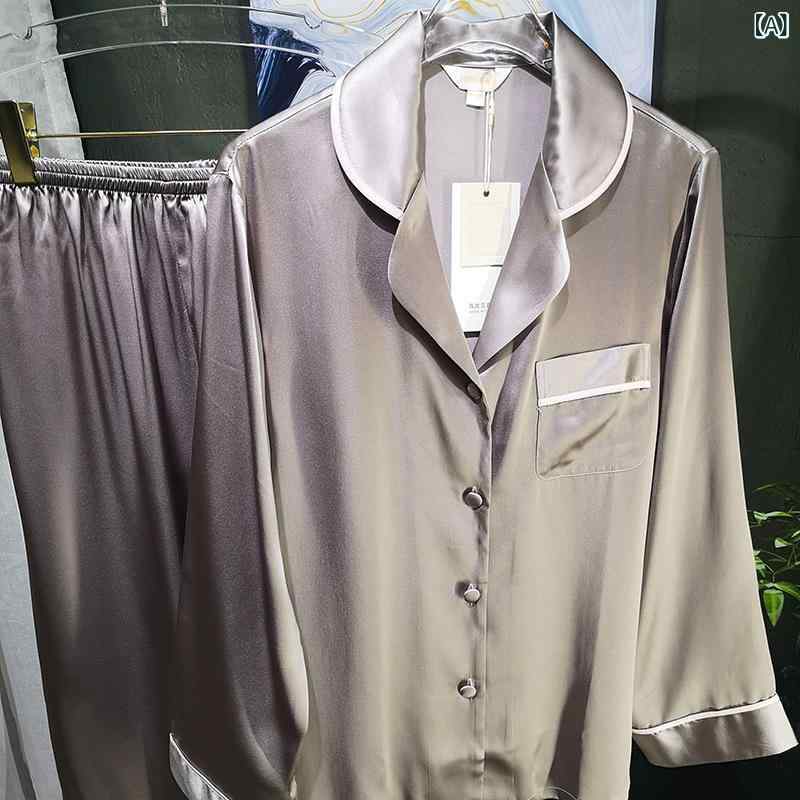 パジャマ ペア 男女セット シルク調 長袖 ロングパンツ ルームウェア 吸汗速乾 通気性 部屋着 なめらか シルクタッチ オールシーズン 夫婦 カップル お揃い|あじゅり