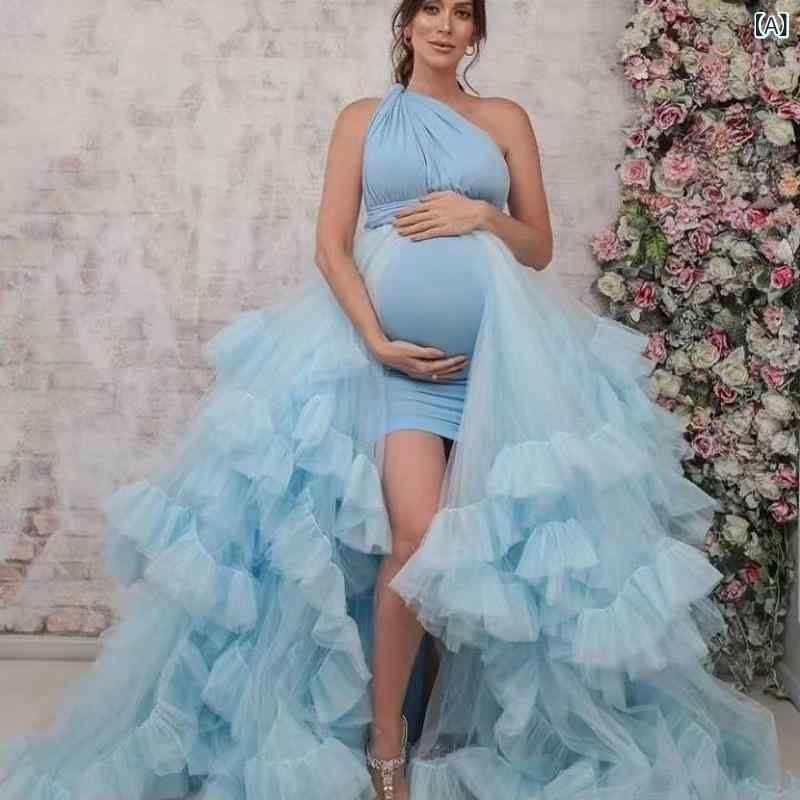 ロングドレス レディース マタニティ フォト ウェディング チュール ワンショルダー セクシー 天藍色 撮影用 ステージ衣装|あじゅり