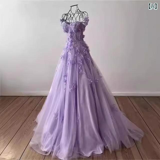 ドレス レディース ロングドレス パーティードレス 紫 ビスチェ ベアトップ シフォン 立体装飾 切り替え ハイウエスト Aライン ノースリーブ スリム 細見え ミディアム丈 披露宴 二次会 お呼ばれ お出かけ 発表会 フォーマル|あじゅり