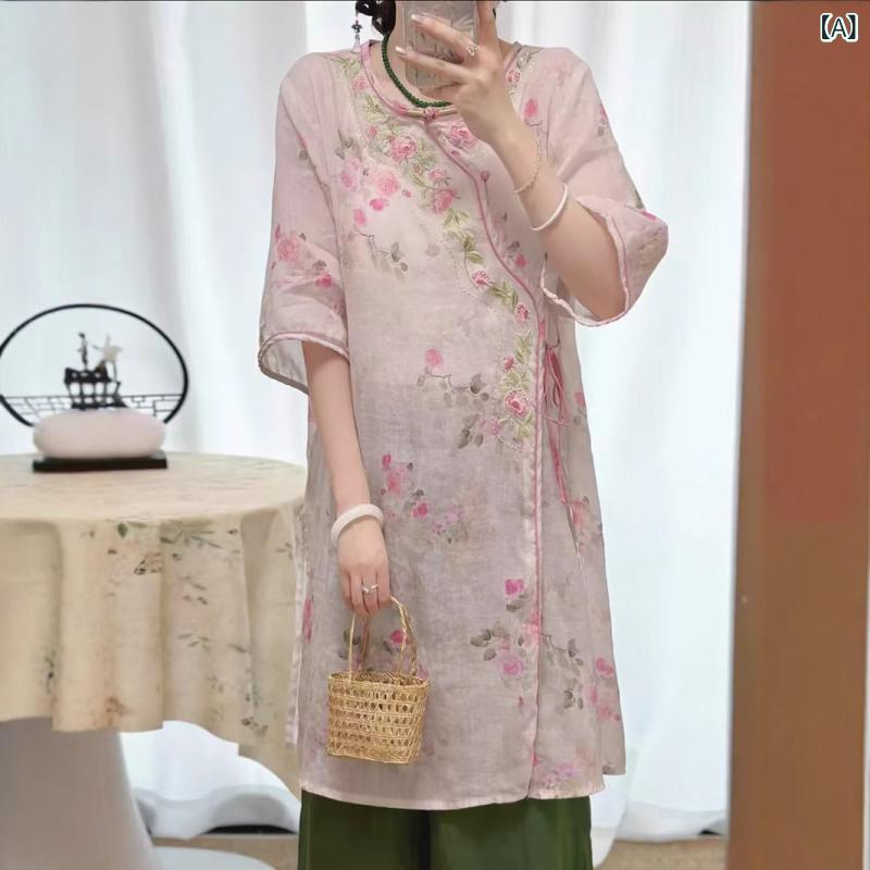ワンピース レディース 春夏 チャイナドレス風 七分袖 A字 ミドル丈 刺繍 プリント 麻混 接触冷感 ゆったり 体型カバー カジュアル レトロ エレガント｜あじゅり 40,229円