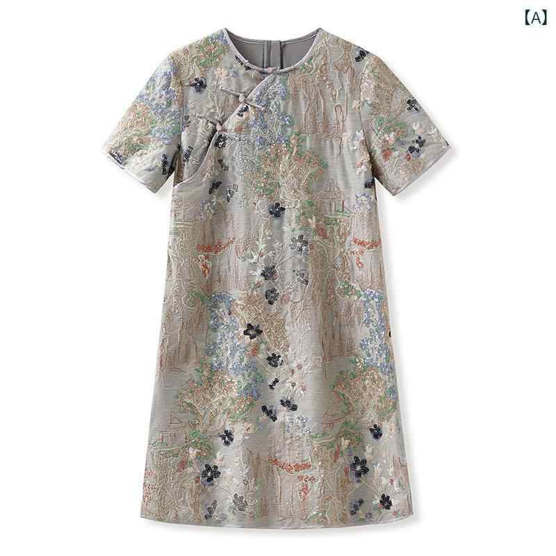 ワンピース レディース 春夏 チャイナドレス風 刺繍 スパンコール 高級感 aライン ミニ丈 半袖 コットンリネン 涼しい ゆったり おしゃれ 上品 民族風 チャイナ風 クルーネック グレー｜あじゅり