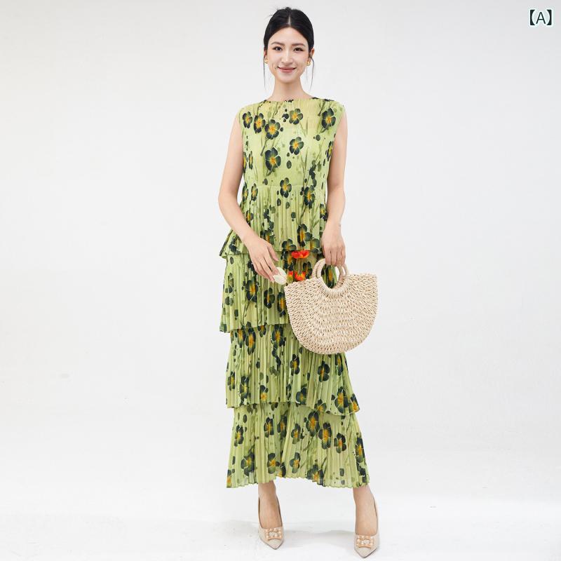 ワンピース レディース 春夏 マキシ丈 高級感 プリント ノースリーブ ティアード プリーツ 伸縮性 ゆったり 華やか エレガント お呼ばれ パーティー カジュアル 通勤｜あじゅり