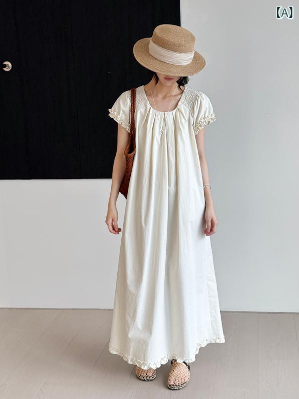 ワンピース レディース 春夏 半袖 ロング丈 Uネック フリル ウエストリボン ギャザー プリーツ ゆったり 着やせ おしゃれ カジュアル 無地 コットン｜あじゅり