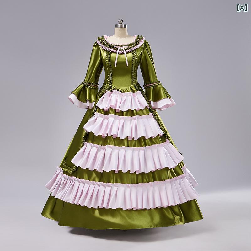 ロングドレス レディース ヨーロッパ宮廷風 貴族 お姫様 カラードレス 豪華 ステージ衣装 舞台 演劇 グリーン｜あじゅり
