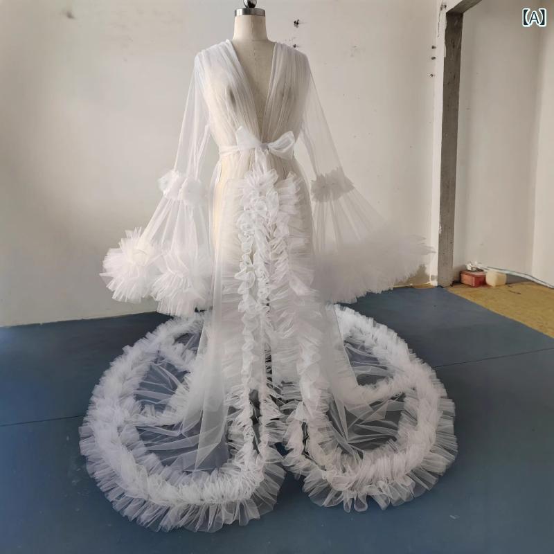 ウェディングドレス レディース ロングドレス 結婚式 披露宴 前撮り 花嫁衣裳 ブライダル 二次会 パーティー 演奏会 シースルー チュール レース フリル マキシ丈 深Vネック ベルスリーブ ホワイト｜あじゅり