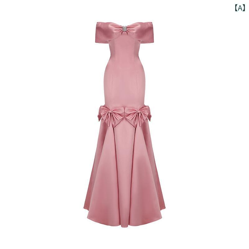 ワンピース レディース 春夏 ドレス ロング ?会用 オフショルダー ノースリーブ 高級感 レトロ リボン ピンク Aライン 発表会 パーティー|あじゅり
