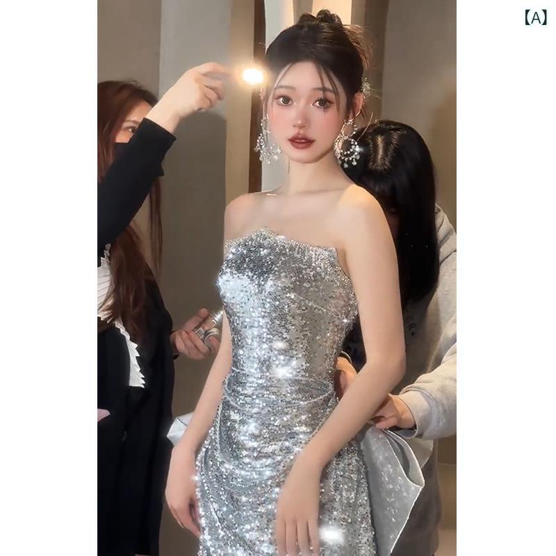 ロングドレス レディース シルバー スパンコール マーメイドライン 高級感 キラキラ ノースリーブ 結婚式 発表会 演奏会 お呼ばれ パーティードレス 二次会 フォーマル|あじゅり