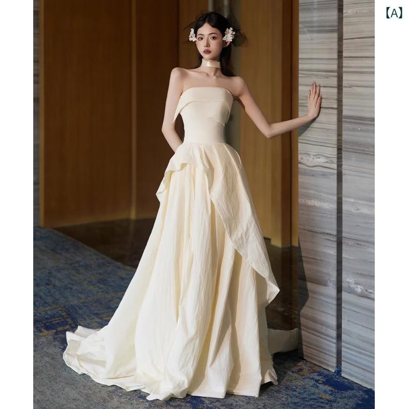 ウェディングドレス レディース ロングドレス サテン チューブトップ 高級感 シンプル レトロ 結婚式 披露宴 二次会 前撮り 発表会 演奏会 パーティードレス Uネック 米白色｜あじゅり 7,735円