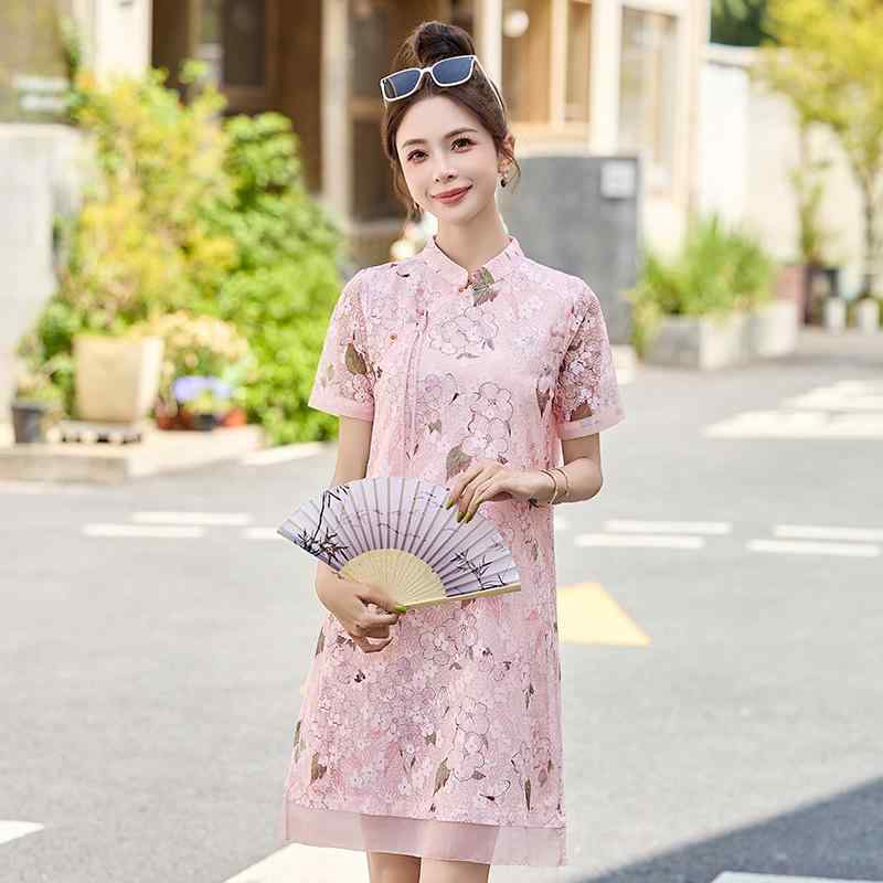 ワンピース レディース 春夏 チャイナドレス風 チャイナ服 花柄 半袖 ミドル丈 スタンドカラー ハイウエスト スリム 上品 大人 通勤 お出かけ ピンク|あじゅり
