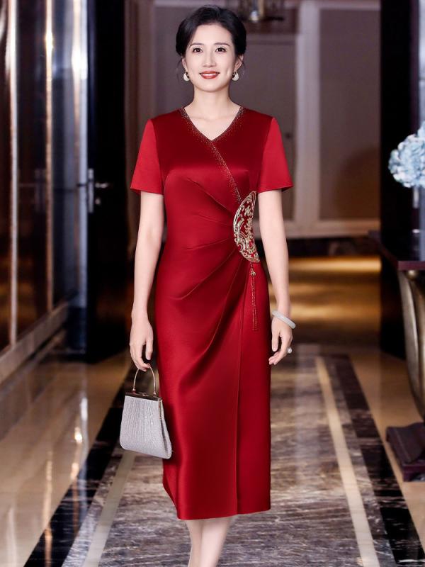 チャイナドレス レディース フォーマルワンピース 半袖 ロング丈 Vネック 刺繍 披露宴 結婚式 二次会 母親 謝恩会 お呼ばれ 体型カバー 演奏会 エレガント 膝下｜あじゅり