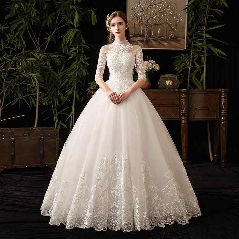 ウェディングドレス レディース ロング丈 結婚式 プリンセスライン 贅沢 レース スタンドカラー チャイナ風 レトロ エレガント バック編み上げ ぽっちゃり対応 5分袖 ホワイト 大きいサイズ フォーマル 二次会 演奏会｜あじゅり