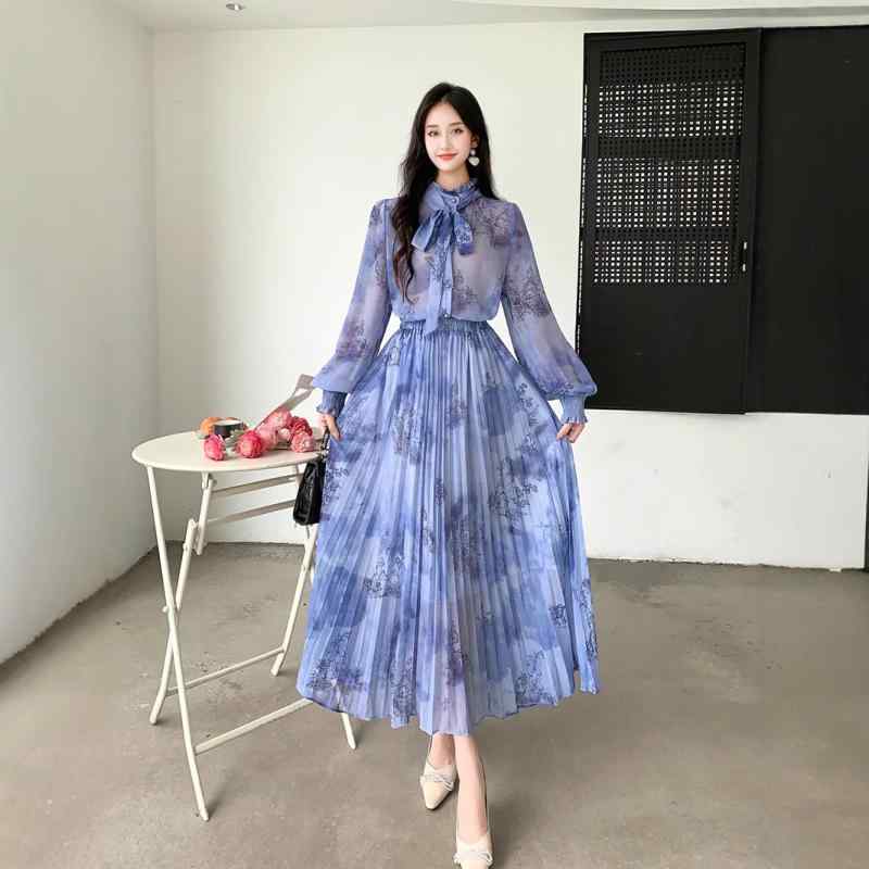 ワンピース レディース 春秋 長袖 ロング丈 撥水風 レース 襟付き 花柄 シフォン プリーツ A字ライン ミモレ丈 エレガント きれいめ おしゃれ 通勤用 デート 通学 旅行｜あじゅり