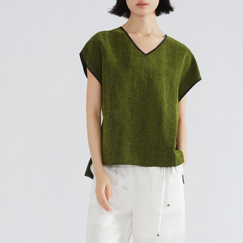 Tシャツ レディース リバーシブル シルク調 香云? 亀裂模様 Vネック フレンチスリーブ プルオーバー トップス 春夏 レトロ カジュアル 苔緑｜あじゅり