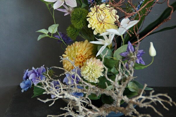 観葉植物 リーズナブル ディスプレイしだれ紫陽花 イエローダリア いけばなアートフラワー 造花 あーかんび Akanbi