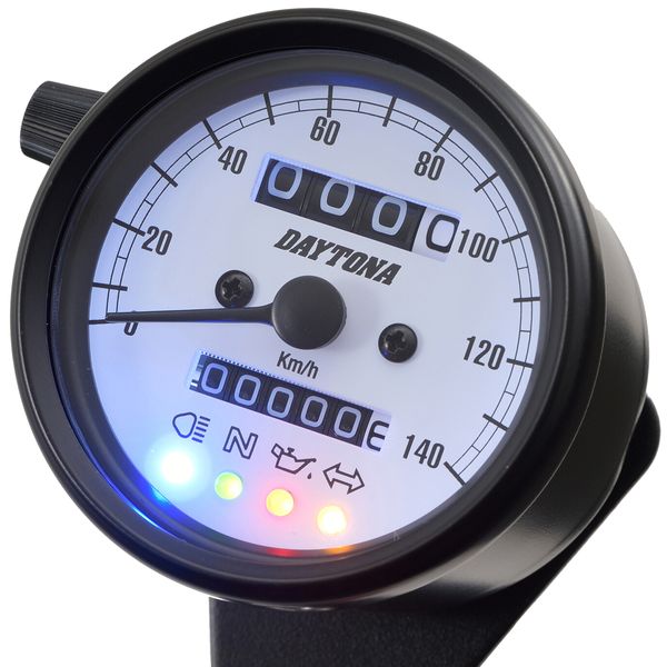 デイトナ DAYTONA 15628 デイトナ バイク用 機械式スピードメーター φ60 ホワイトLED照明 140km/h ブラックボディ ホワイトパネル インジケーター付き