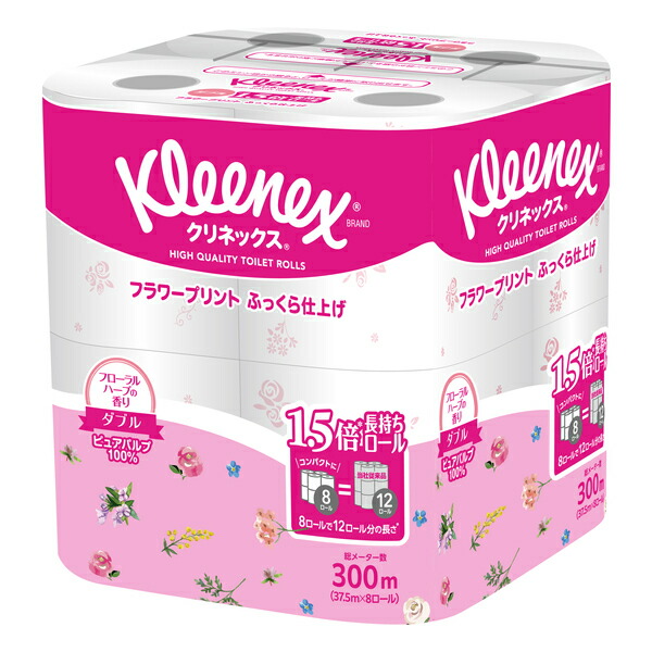 (LINEクーポン有)【同梱不可】【お一人さま1点限り】日本製紙クレシア 4901750249014 クリネックス長持ちプリント8RW フローラルハーブ ×8入