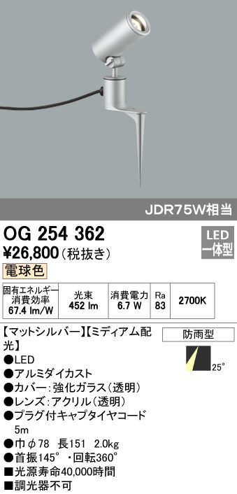 (LINEクーポン有)オーデリック ODELIC OG254362 LEDスポットライト エクステリアライト ミディアム配光 防雨型