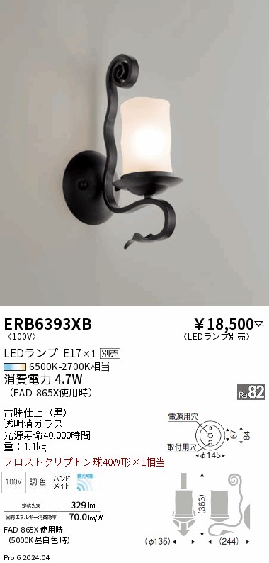 【期間限定セール】【ご注文合計25,001円以上送料無料】 Ｎ区分 遠藤照明 ERB6393XB ブラケット 一般形 ランプ別売 自動点灯無し 畳数設定無し LED