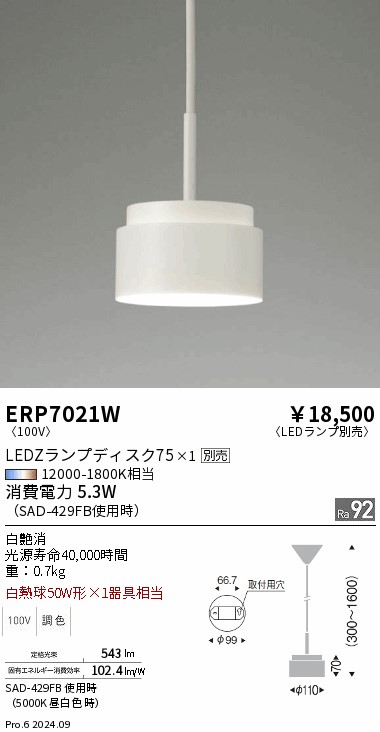 【期間限定セール】【ご注文合計25,001円以上送料無料】 Ｎ区分 遠藤照明 ERP7021W ペンダント ランプ別売 畳数設定無し LED