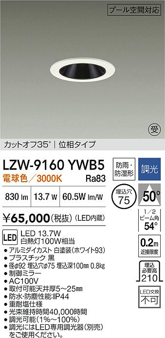 【送料無料】【受注生産品】大光電機 LZW-9160YWB5 屋外灯 ダウンライト 畳数設定無し LED≪即日発送対応可能 在庫確認必要≫ 安心のメーカー保証