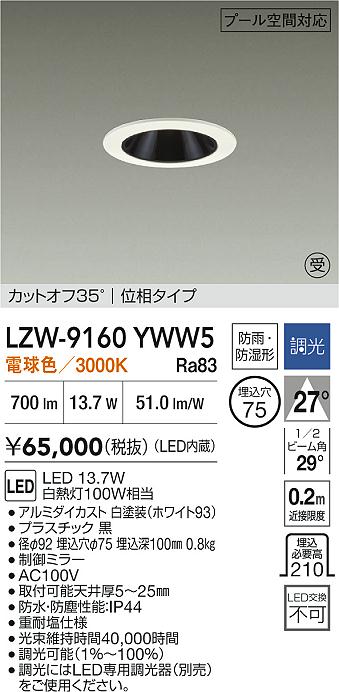 【送料無料】【受注生産品】大光電機 LZW-9160YWW5 屋外灯 ダウンライト 畳数設定無し LED≪即日発送対応可能 在庫確認必要≫ 安心のメーカー保証