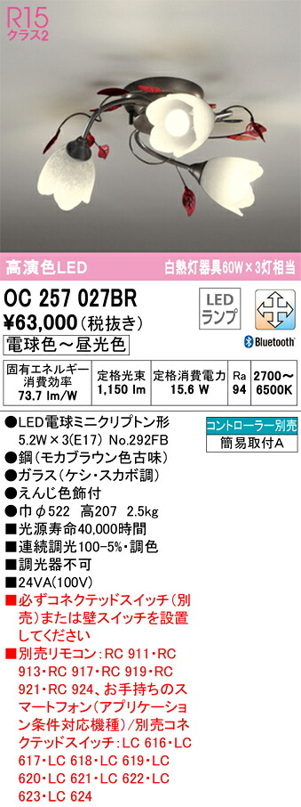 【送料無料】Ｔ区分 オーデリック OC257027BR （ランプ別梱包）『OC257027#＋NO292FB×3』 シャンデリア リモコン別売 畳数設定無し LED 安心のメーカー保証