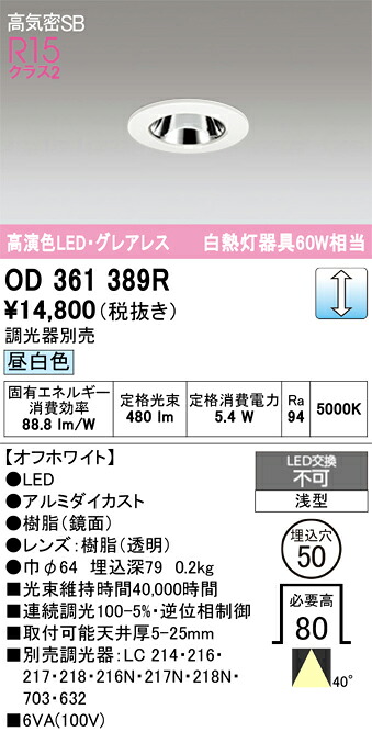 【送料無料】 オーデリック Ｔ区分 OD361389R ダウンライト 一般形 【高気密SB形】 自動点灯無し 畳数設定無し LED 安心のメーカー保証