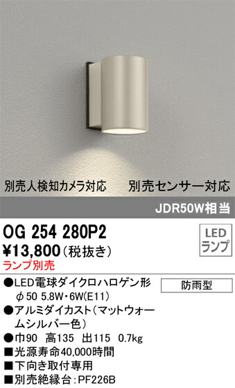 【送料無料】 オーデリック Ｔ区分 OG254280P2 屋外灯 勝手口灯 ランプ別売 畳数設定無し LED 安心のメーカー保証