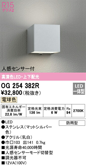 【送料無料】 オーデリック Ｔ区分 OG254382R ポーチライト 人感センサー 畳数設定無し LED 安心のメーカー保証