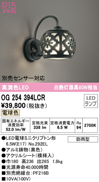 【送料無料】 オーデリック Ｔ区分 OG254394LCR-SF （ランプ別梱包）『OG254394#＋NO292EL』 ポーチライト 自動点灯無し 畳数設定無し LED 安心のメーカー保証