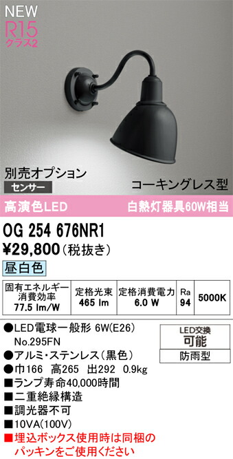 Ｔ区分 オーデリック OG254676NR1 （ランプ別梱包）『OG254676P1#＋NO295FN』 ポーチライト オプション別売 畳数設定無し LED 安心のメーカー保証
