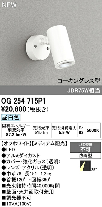 【送料無料】 オーデリック Ｔ区分 OG254715P1 屋外灯 スポットライト 畳数設定無し LED 安心のメーカー保証