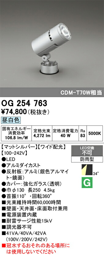 【送料無料】Ｔ区分 オーデリック OG254763 屋外灯 スポットライト 自動点灯無し 畳数設定無し LED 安心のメーカー保証