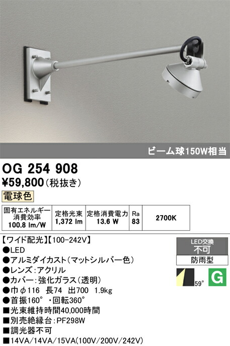 【送料無料】Ｔ区分 オーデリック OG254908 屋外灯 スポットライト 自動点灯無し 畳数設定無し LED 安心のメーカー保証