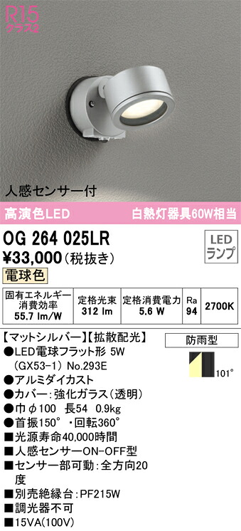 Ｔ区分 オーデリック OG264025LR （ランプ別梱包）『OG264025#＋NO293E』 屋外灯 スポットライト 人感センサー 畳数設定無し LED 安心のメーカー保証｜照明器具専門店　灯の広場