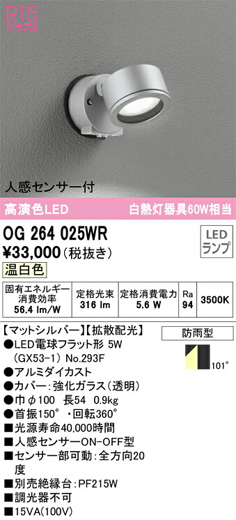 【送料無料】 オーデリック Ｔ区分 OG264025WR-SF （ランプ別梱包）『OG264025#＋NO293F』 屋外灯 スポットライト 人感センサー 畳数設定無し LED 安心のメーカー保証