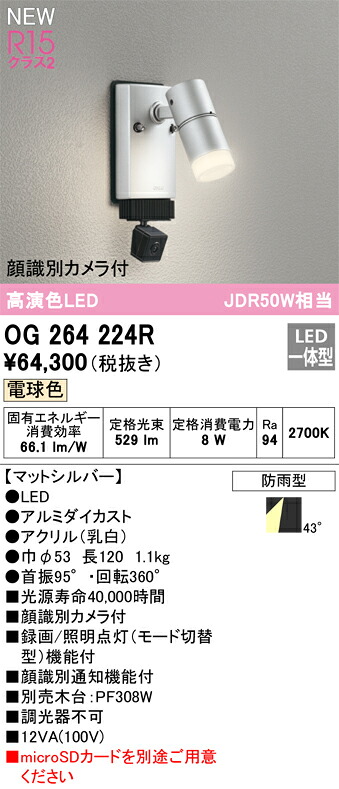 【送料無料】Ｔ区分 オーデリック OG264224R 屋外灯 スポットライト 顔識別カメラ付 畳数設定無し LED 安心のメーカー保証