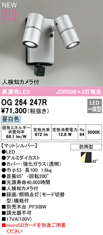 【送料無料】Ｔ区分 オーデリック OG264247R 屋外灯 スポットライト 人検知カメラ付 畳数設定無し LED 安心のメーカー保証