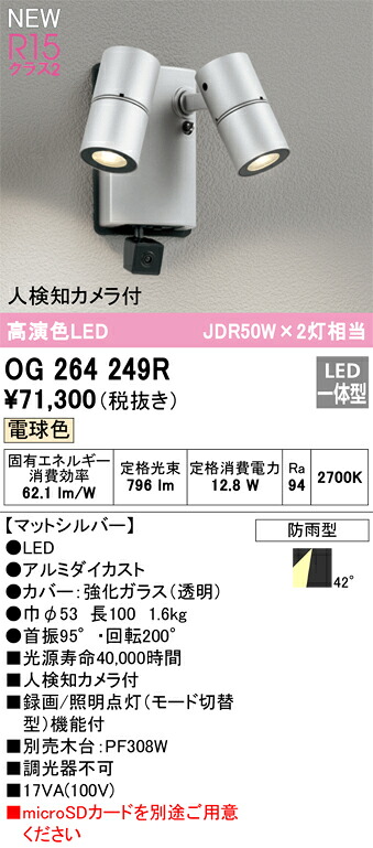 【送料無料】Ｔ区分 オーデリック OG264249R 屋外灯 スポットライト 人検知カメラ付 畳数設定無し LED 安心のメーカー保証 24,137円