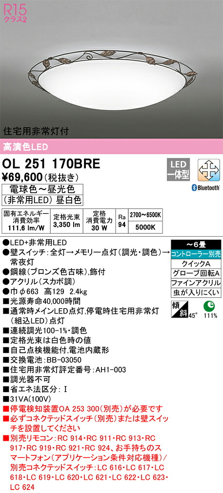 【送料無料】Ｎ区分 オーデリック OL251170BRE シーリングライト リモコン別売 ～6畳 LED 安心のメーカー保証