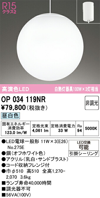 【送料無料】Ｎ区分 オーデリック OP034119NR （ランプ別梱包）『OP034119#＋NO275E×3』 ペンダント 畳数設定無し LED 安心のメーカー保証