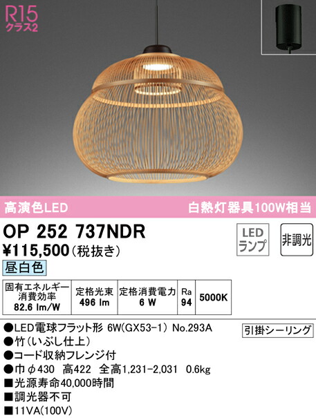 【送料無料】Ｎ区分 オーデリック OP252737NDR （ランプ別梱包）『OP252737#＋NO293A』 ペンダント 畳数設定無し LED 安心のメーカー保証