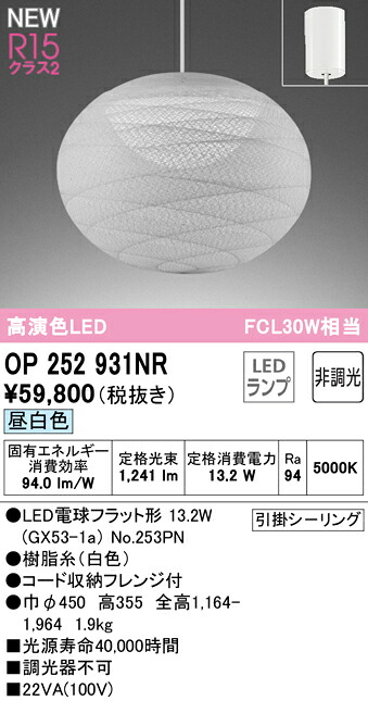 【送料無料】Ｎ区分 オーデリック OP252931NR （ランプ別梱包）『OP252931#＋NO253PN』 ペンダント 畳数設定無し LED 安心のメーカー保証