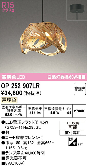 Ｔ区分 オーデリック OP252907LR （ランプ別梱包）『OP252907#＋NO295GL』 ペンダント 畳数設定無し LED 安心のメーカー保証｜照明器具専門店　灯の広場