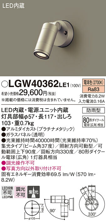 【製造業者長日月欠品】【貨物輸送無料】 パナソニック LGW40362LE1-空想科学小説 露天灯 注目の的 自動小銃点灯皆無 畳数打ち立てる皆無 LED Ｔカテゴリー化 楽になること製造業者引き請ける