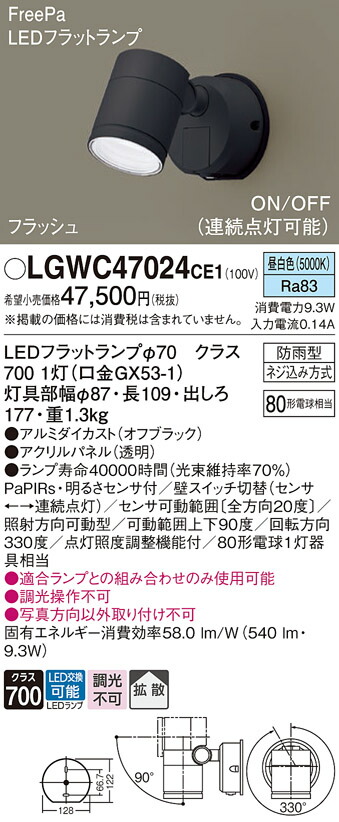 【送料無料】 パナソニック LGWC47024CE1-SF 屋外灯 スポットライト 人感センサー 畳数設定無し LED Ｔ区分 安心メーカー保証