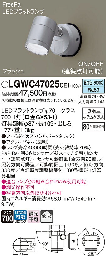 【送料無料】 パナソニック LGWC47025CE1-SF 屋外灯 スポットライト 人感センサー 畳数設定無し LED T区分 安心メーカー保証